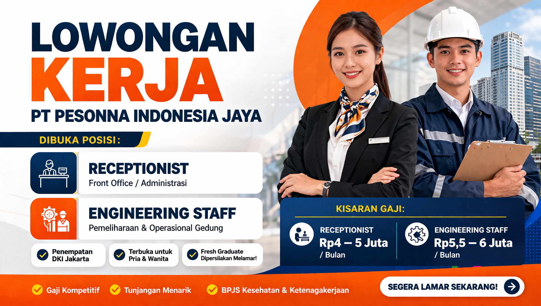 Lowongan Kerja PT Pesonna Indonesia Jaya Buka Posisi Receptionist dan Engineering Staff di Jakarta