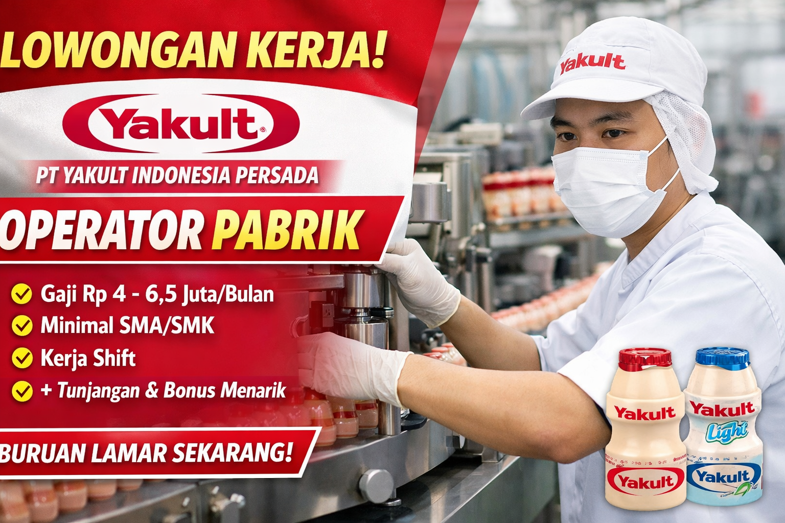 Lowongan Kerja Operator Pabrik di PT Yakult Indonesia Persada, Simak Gaji dan Kualifikasinya