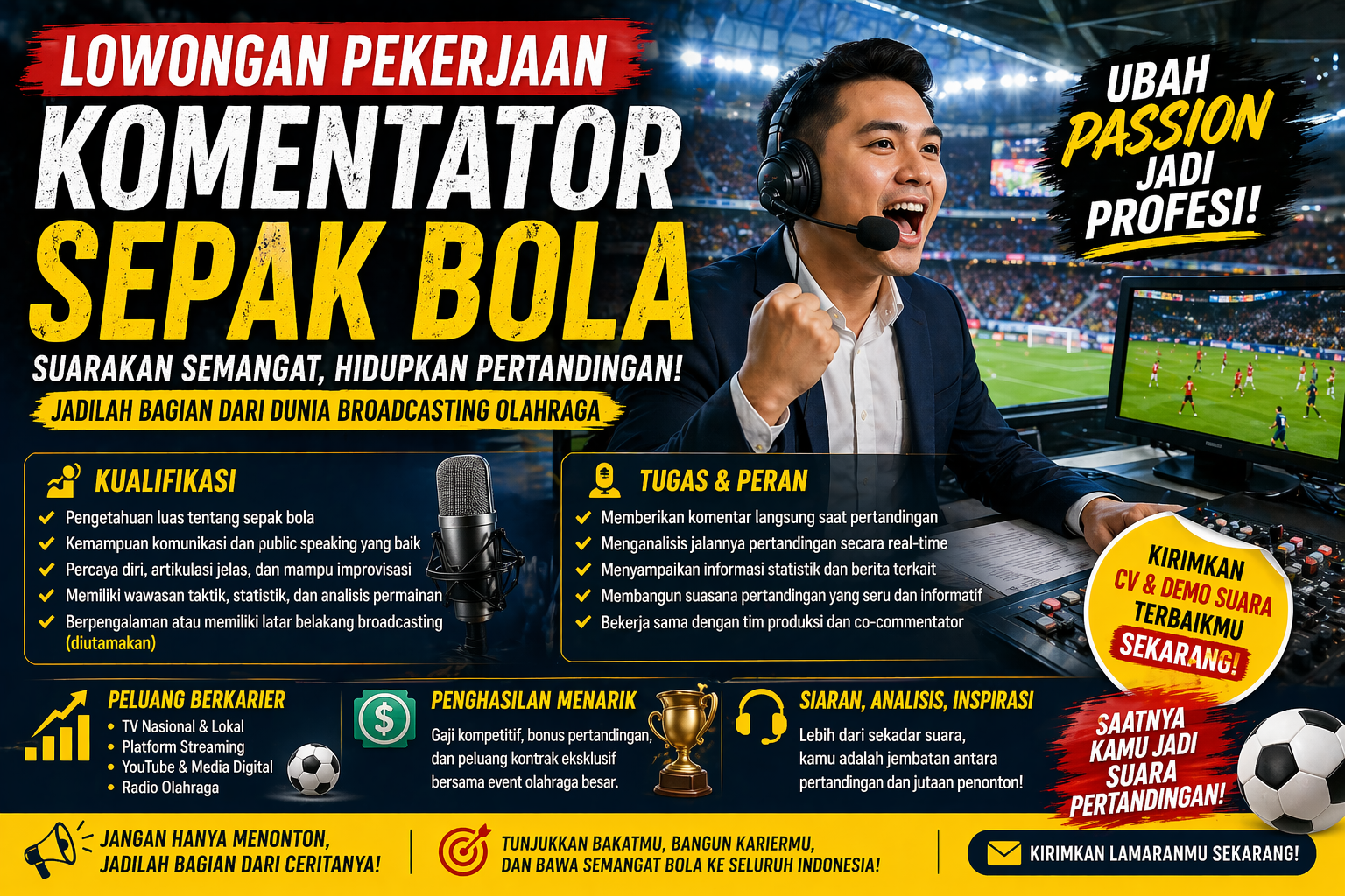 Lowongan Pekerjaan Komentator Sepak Bola 2026: Peluang Karier Menarik di Dunia Broadcasting